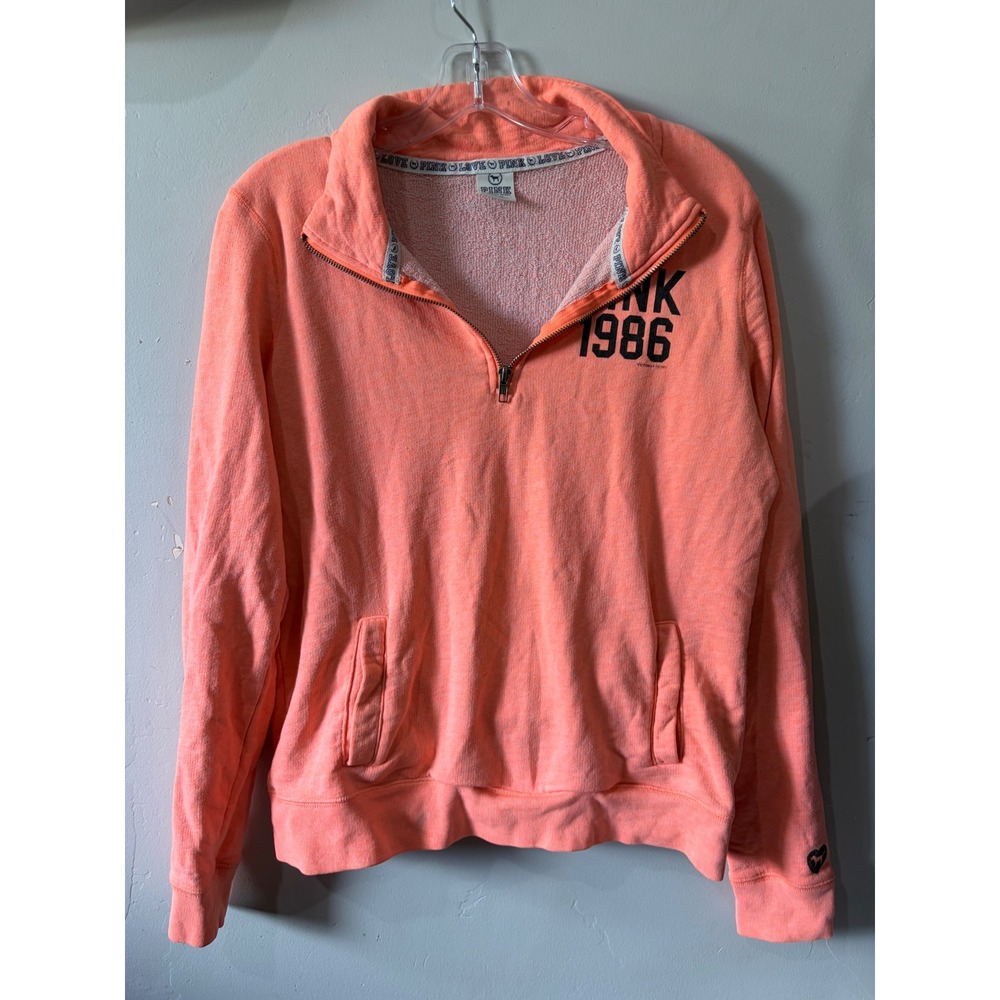Victorias Secret PINK Quarter Zip Sweatshirt Neon Orange Coral Heathered Medium - Picture 1 of 6